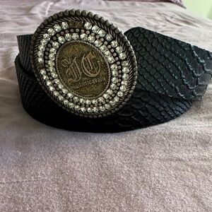 Just Cavalli Black Textured Belt with Gold and Silver Medallion